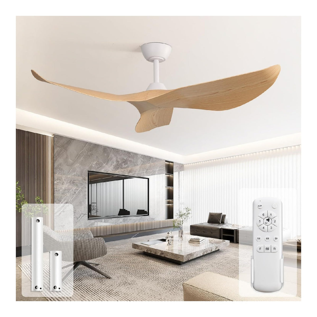 Ventilateur plafond 132 cm sans lumiere telecommande 16 vitesses ete hiver