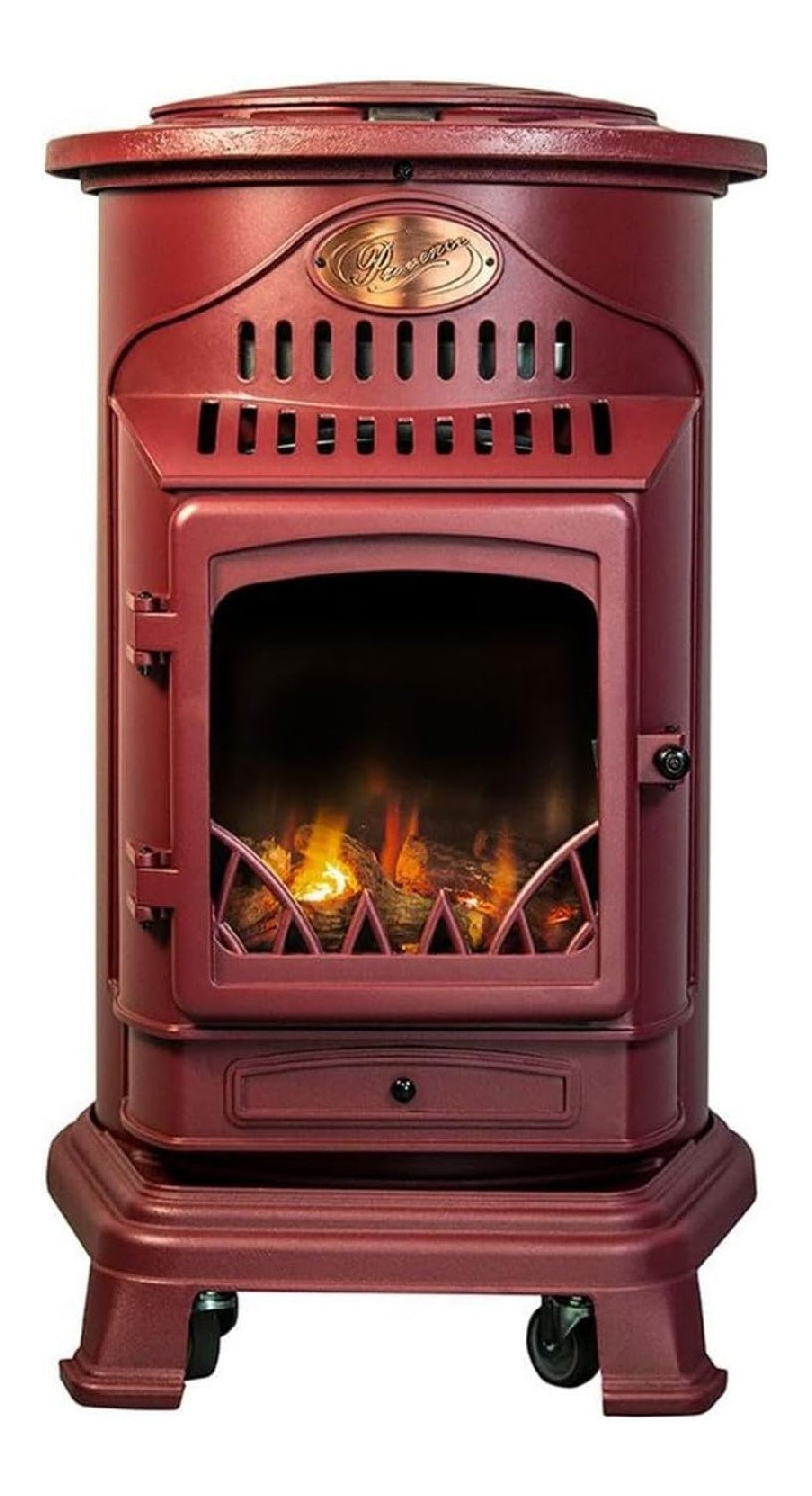Poele gaz fonte rouge 3,4kW effet feu bois 40-80m2 sans connectique