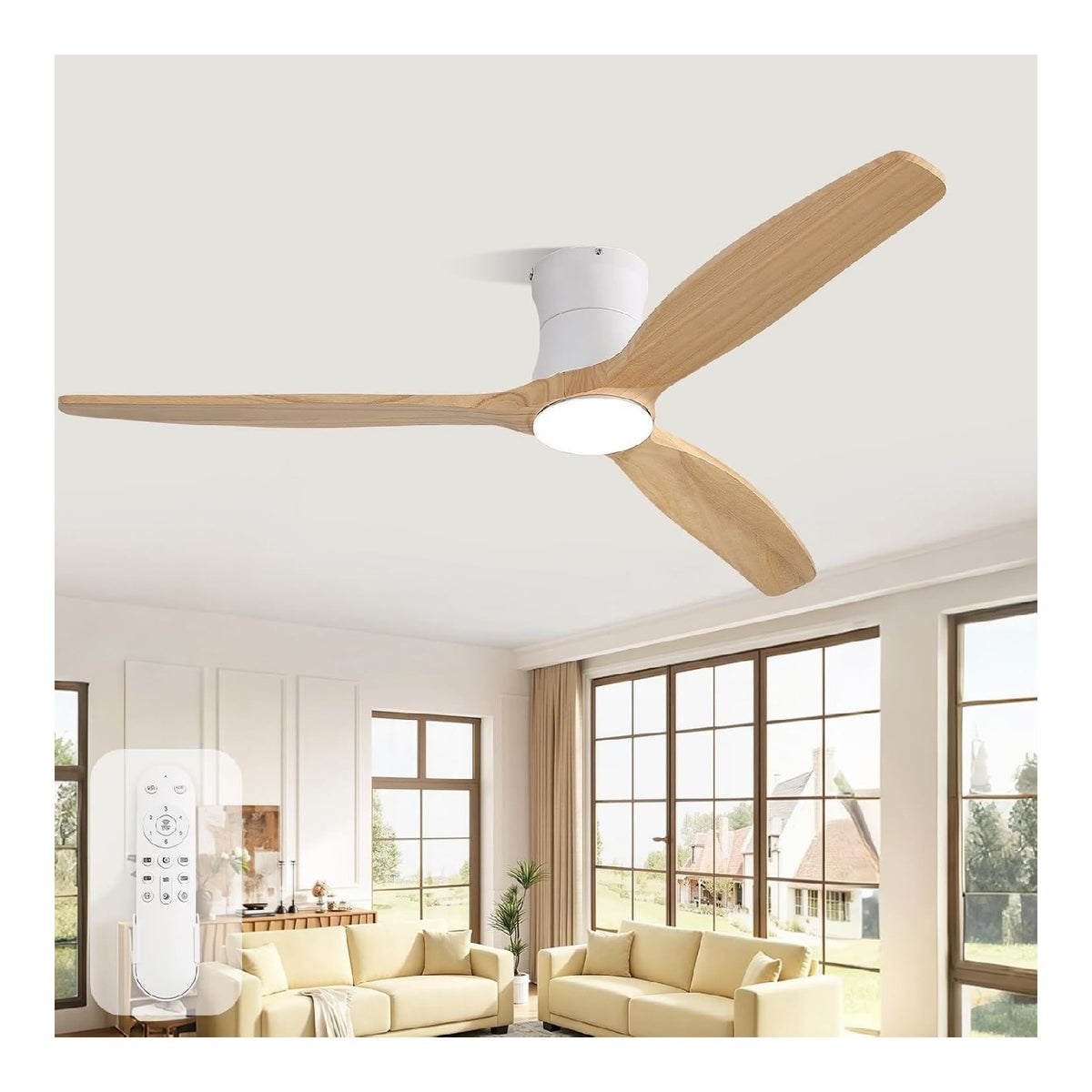Ventilateur plafond bois massif 132 cm LED 16 vitesses telecommande moins de 20 dB