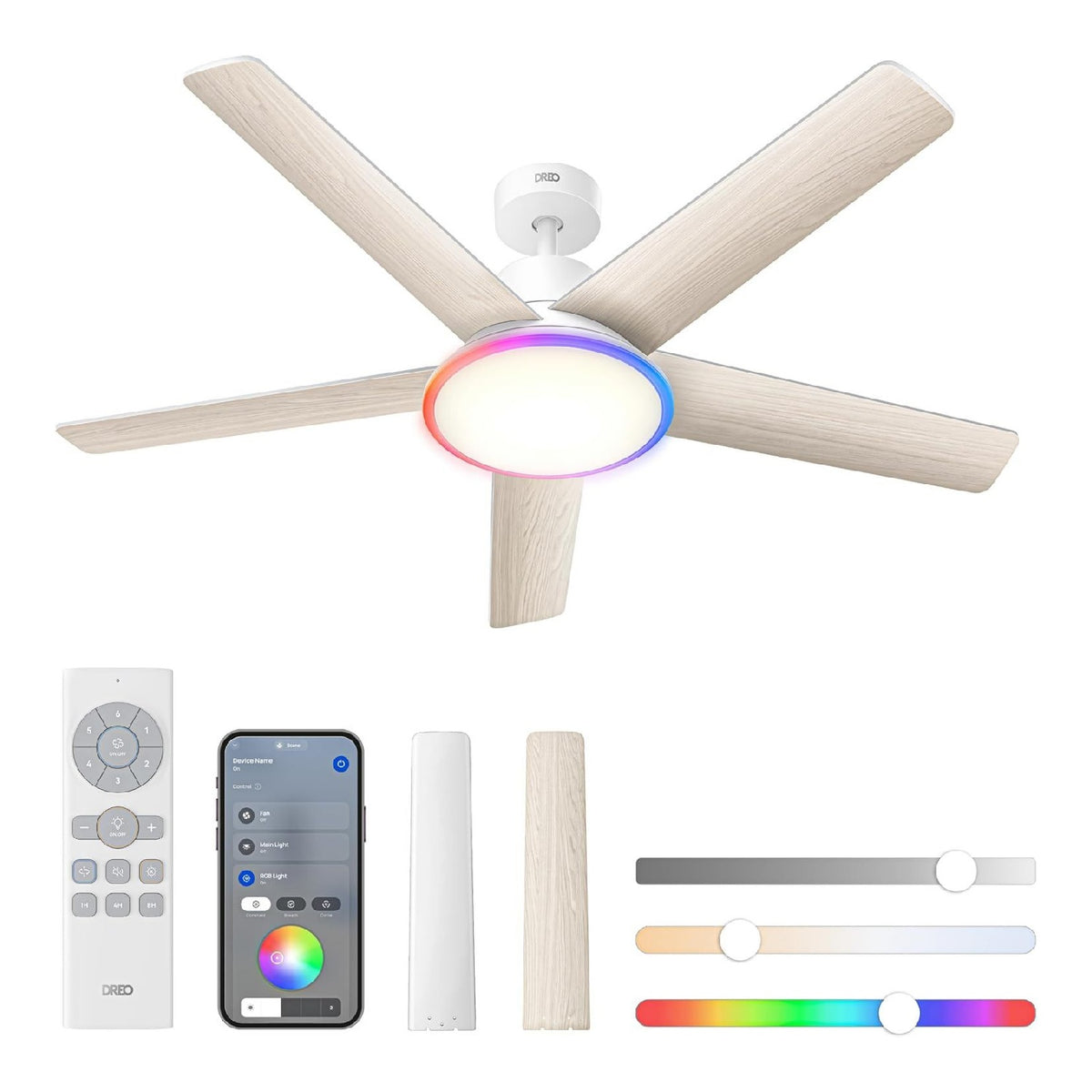 Ventilateur plafond intelligent 132 cm APP Alexa 12 vitesses LED dimmable RGBIC