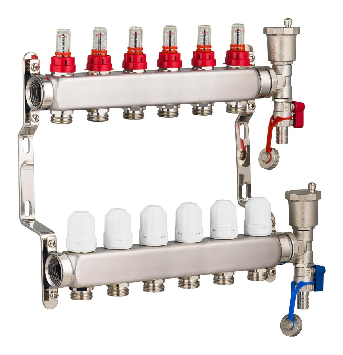 Collecteur inox 6 circuits debitmetres entraxe 50 mm reversible