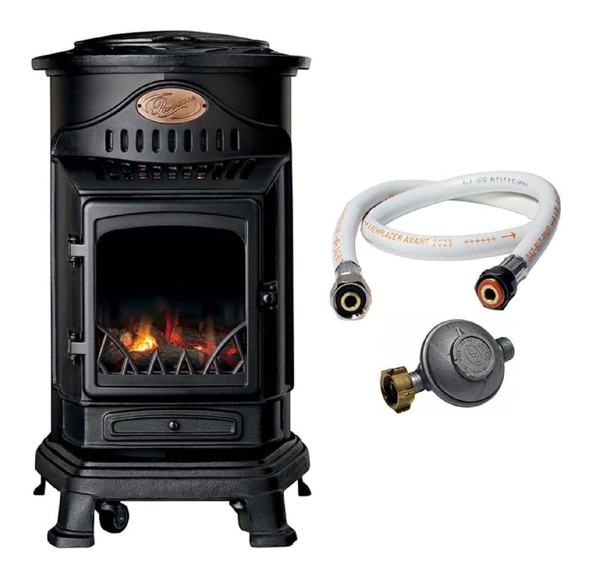 Poele gaz fonte veritable 3,4kW effet feu bois 40-80m2 roulette