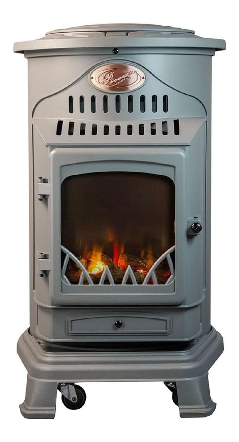 Poele gaz fonte gris perle 3,4kW flammes vives traditionnel 40-80m2