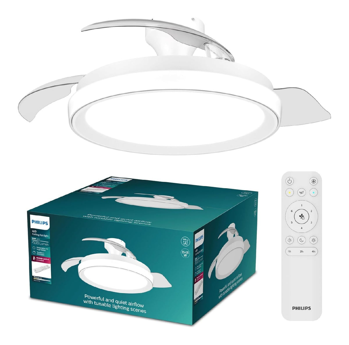 Ventilateur plafond pales retractables 106 cm LED 6 vitesses moteur CC silencieux