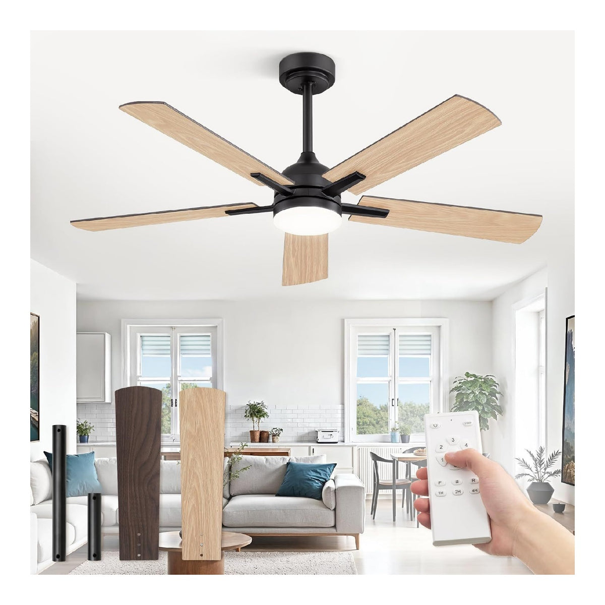 Ventilateur plafond 132 cm pales reversibles LED 3 teintes 6 vitesses telecommande