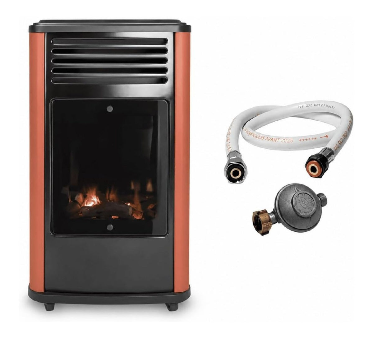 Poele gaz mobile 3,4kW rouge noir 3 niveaux effet feu bois complet