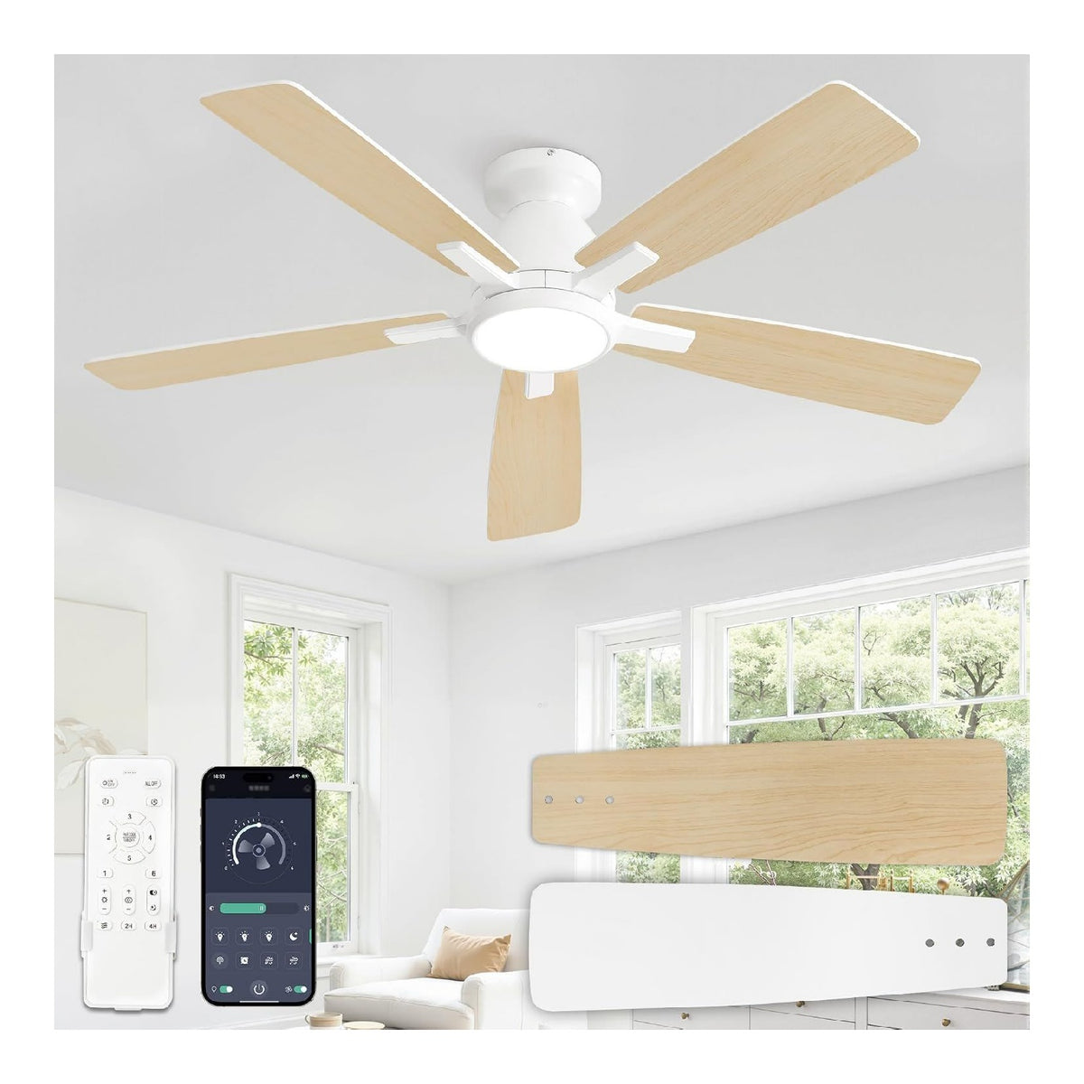 Ventilateur plafond 117 cm pales reversibles LED 3000K-6000K 6 vitesses telecommande