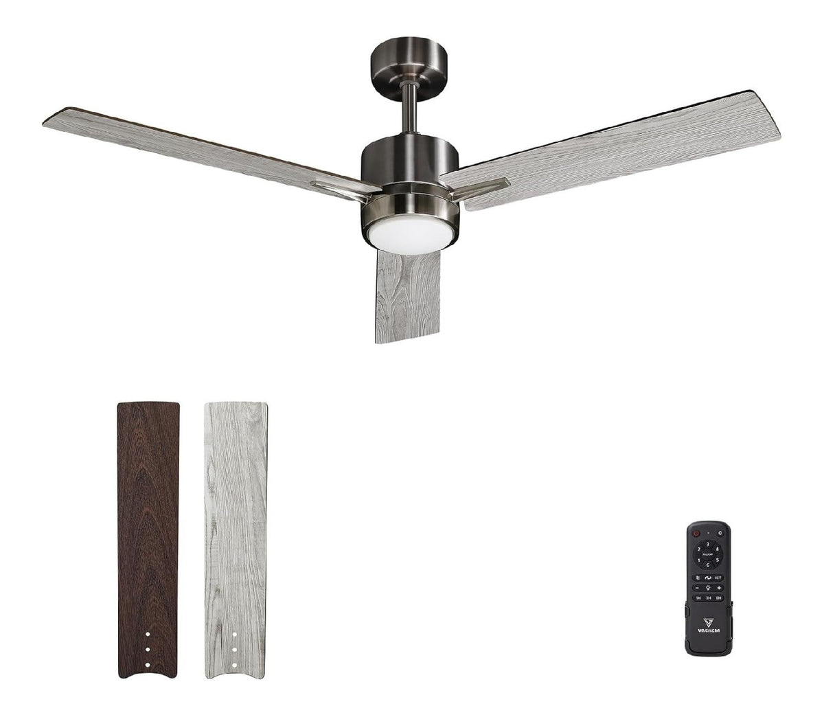 Ventilateur plafond 132 cm gris LED dimmable 6 vitesses telecommande 35 dB ete hiver