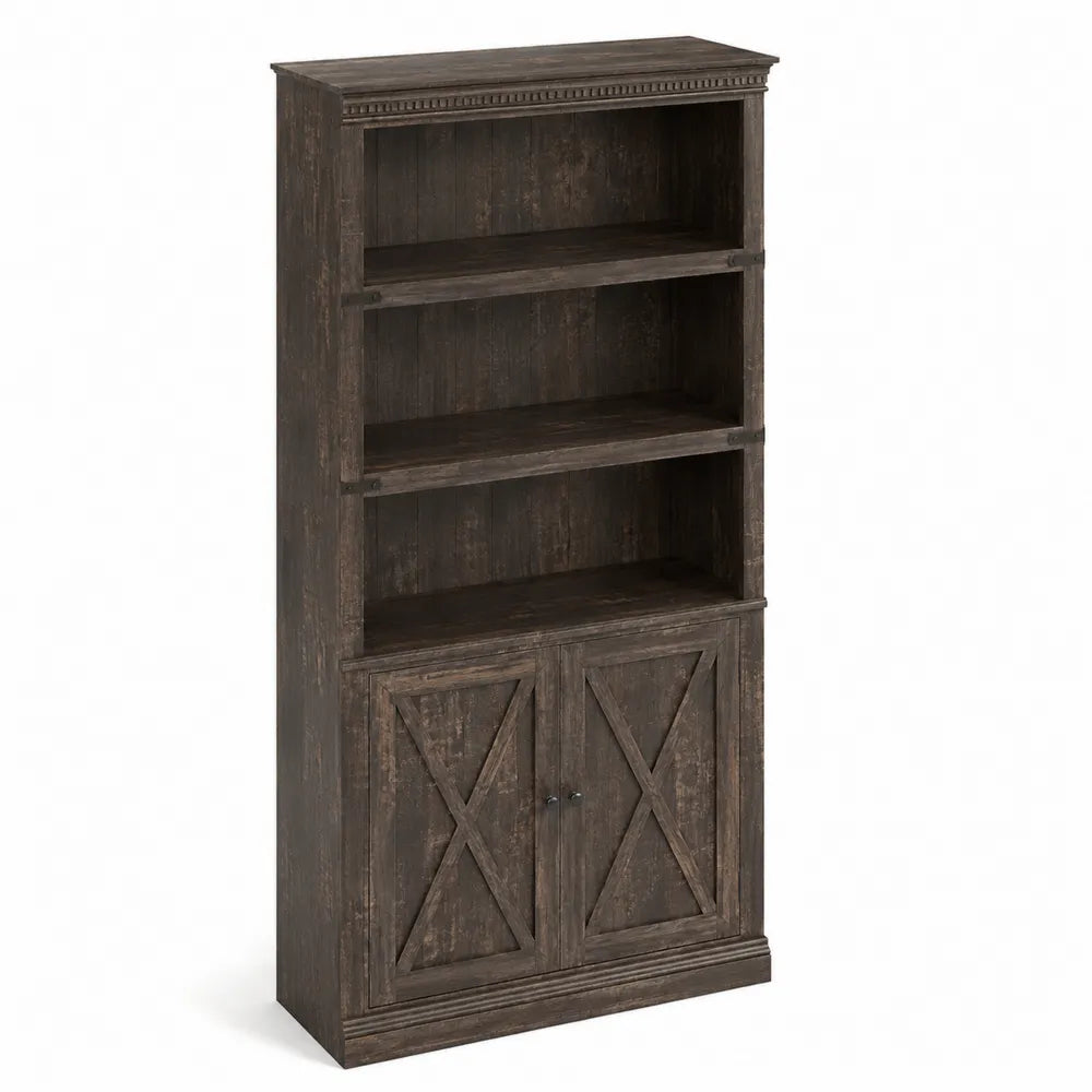 Estanter¨ªa de madera marr¨®n oscuro con puertas y 4 estantes 18