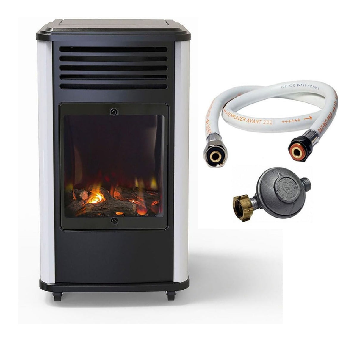Poele gaz mobile 3,4kW blanc noir flammes vives 40-80m2 complet