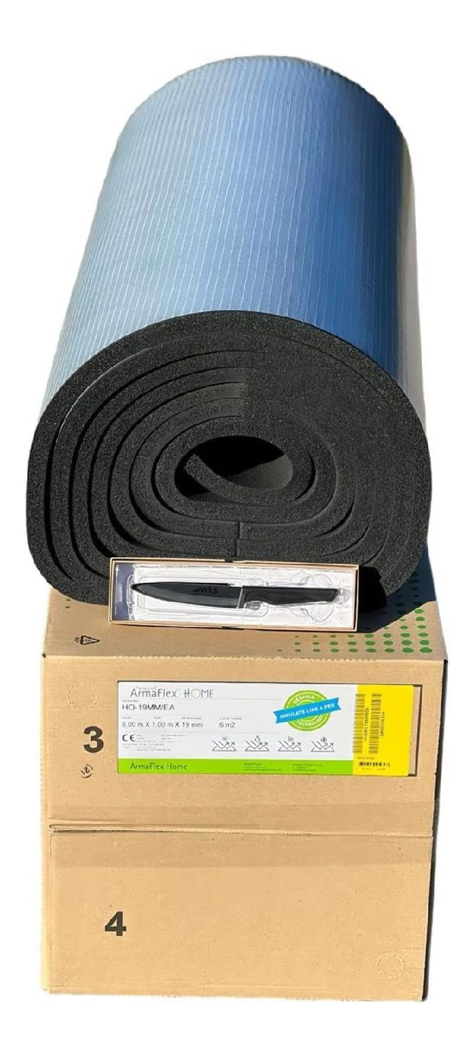 Plaque Isolante Caoutchouc Autocollante 19 mm 6 m2 Noire avec Couteau Ceramique Offert