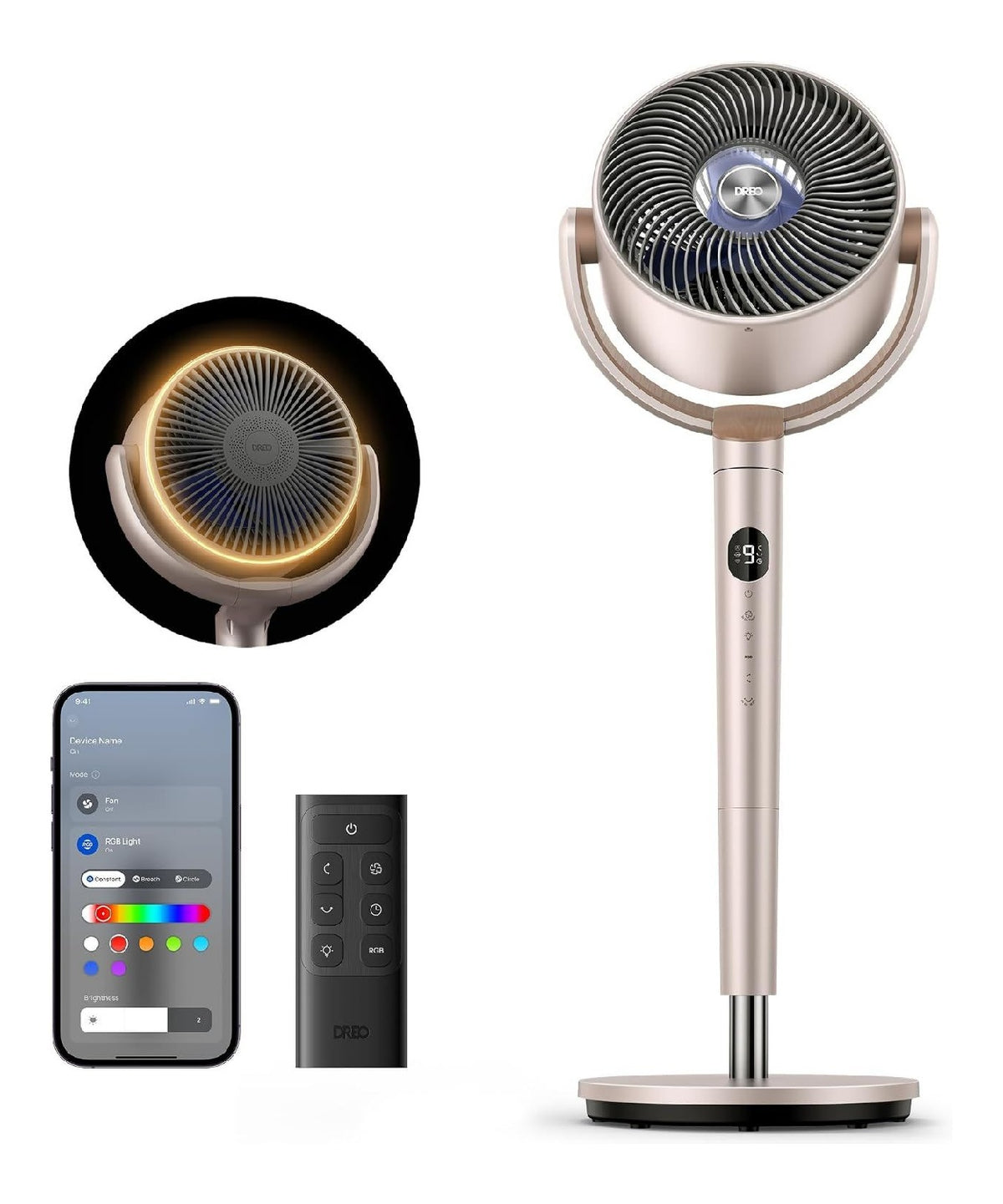 Ventilateur sur pied intelligent 3D RGB 9 vitesses commande vocale 20 dB