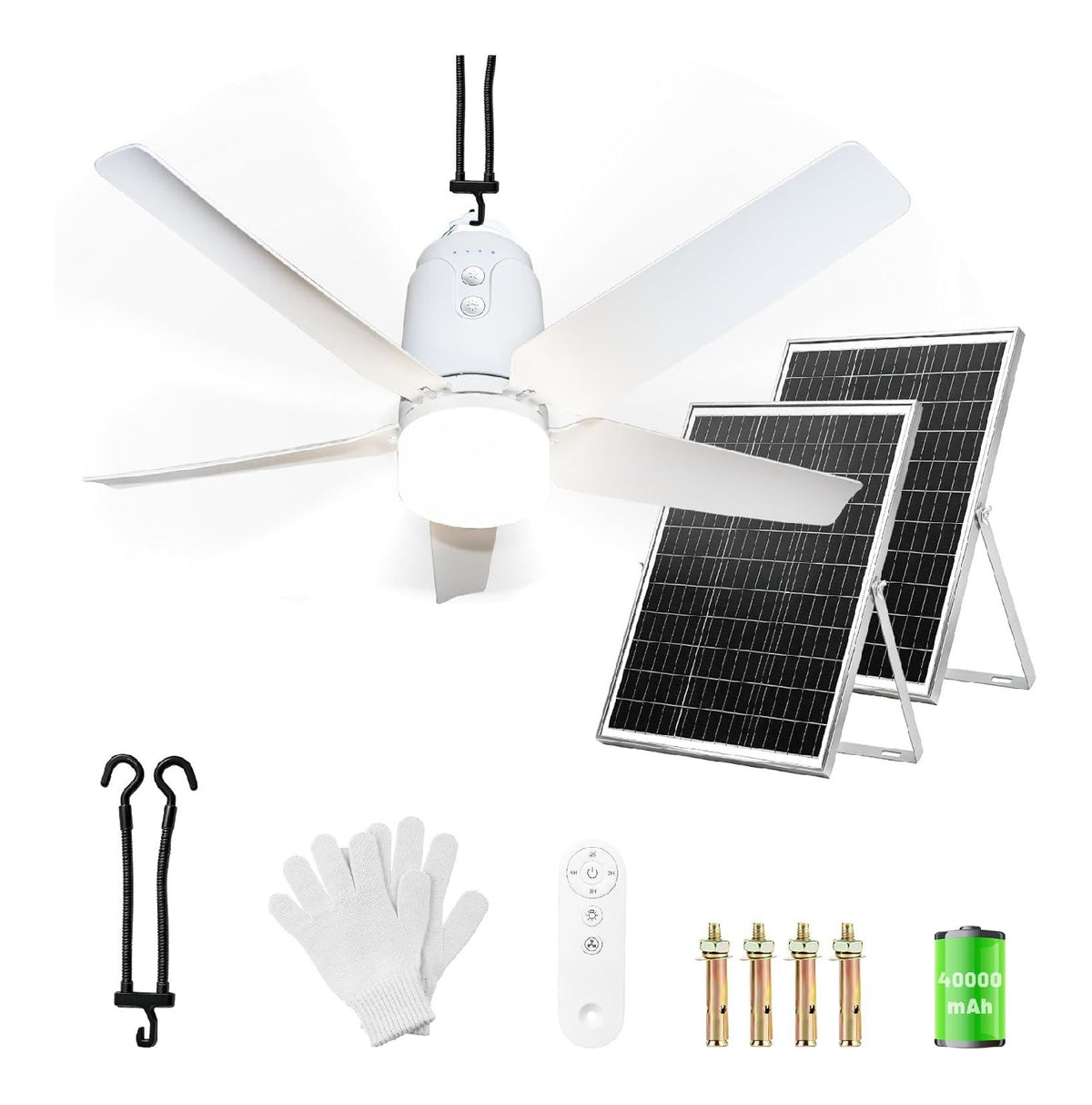 Ventilateur plafond solaire 80 cm exterieur batterie 40000mAh telecommande camping