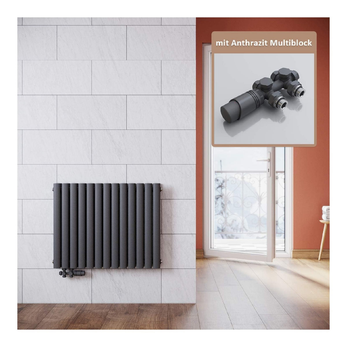 Radiateur horizontal anthracite double couche 600x767 mm thermostate